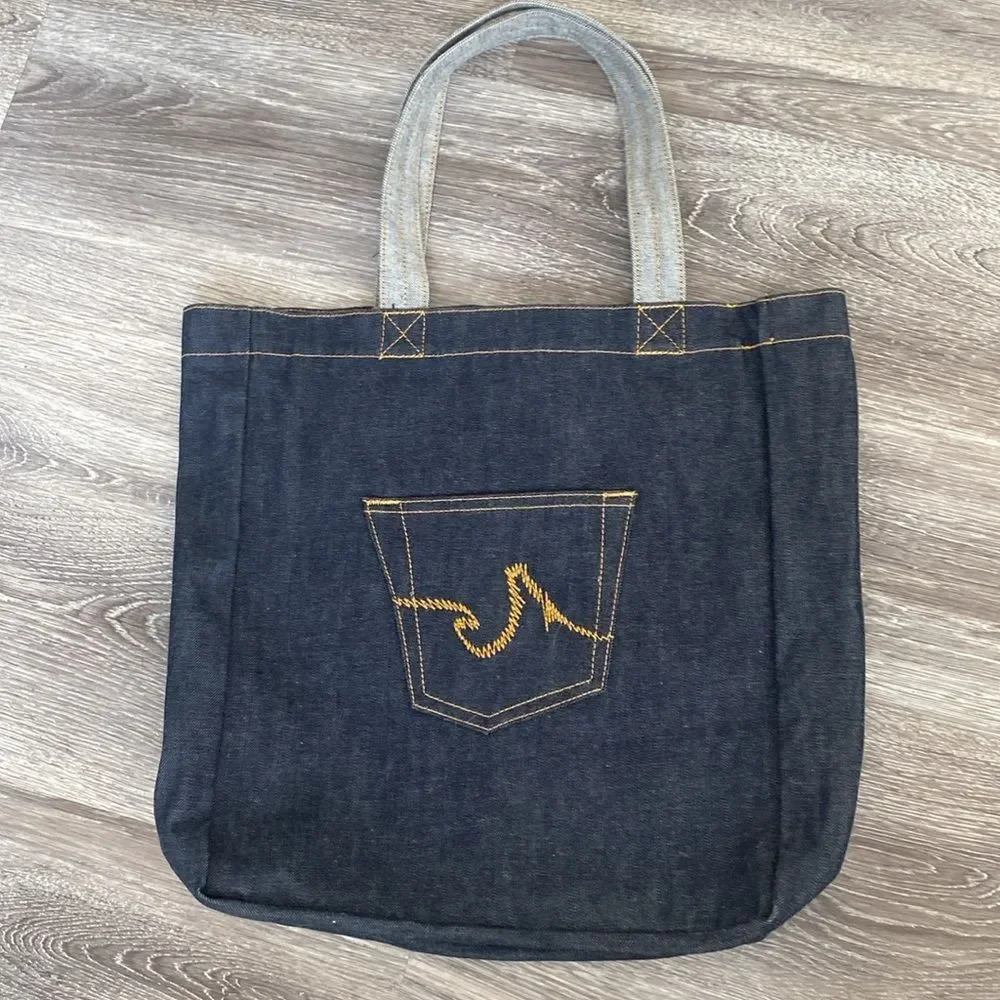 AG Adriano Goldschmied Blue Denim Tote embroidered Logo w/ Read threads NWOT